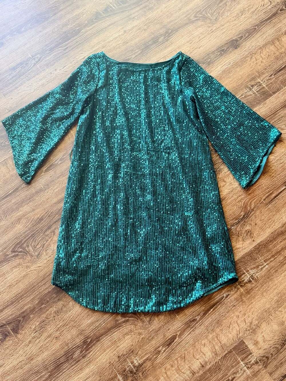 Anthropologie Green Sequin Tunic Dress with Bell Sleeves